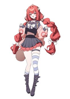 1girl absurdres adapted_costume animal_on_back black_boots black_sailor_collar black_shirt black_skirt blush boots bow braid braided_twintails cardigan chest_bow collarbone commentary_request crop_top full_body green_eyes hair_bow hair_ornament hearing_aid highres kamanosuke_(zenless_zone_zero) layered_skirt long_hair looking_at_viewer loose_thighhigh off_shoulder open_mouth pink_cardigan raccoon red_hair sailor_collar shirt simple_background skirt solo sphere_hair_ornament striped_clothes striped_thighhighs taiyaki12 thighhighs ukinami_yuzuha white_background white_bow white_thighhighs zenless_zone_zero