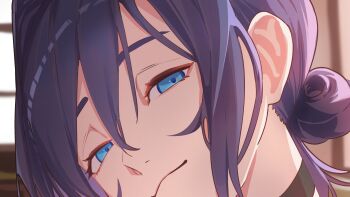 1girl absurdres black_choker blue_eyes chainsaw_man choker close-up cosplay daaku_(koizumi_arata) hair_between_eyes hair_bun highres hololive hololive_english indoors looking_at_viewer ouro_kronii purple_hair reze_(chainsaw_man) reze_(chainsaw_man)_(cosplay) solo virtual_youtuber window