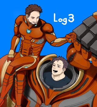 Rule 34 | 2boys, absurdres, arc reactor, arm up, armor, avengers: infinity war, avengers (series), black eyes, black shirt, blue background, blush, brown hair, bruce banner, closed eyes, collarbone, commentary request, crossed legs, facial hair, full armor, grey armor, highres, iron man, long sleeves, looking at another, looking up, male focus, marvel, marvel, multicolored armor, multiple boys, power armor, red armor, shirt, short hair, simple background, sitting, smile, superhero costume, sweatdrop, teeth, tony stark, yakuya iii, yellow armor