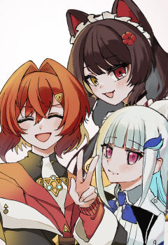 3girls :d ^_^ ange_katrina ange_katrina_(1st_costume) animal_ears blue_hair blue_neckerchief blush brown_hair cardigan closed_eyes closed_mouth colored_inner_hair commentary_request crossed_bangs dog_ears flower hair_between_eyes hair_flower hair_intakes hair_ornament hand_up heterochromia highres inui_toko inui_toko_(1st_costume) jacket lize_helesta lize_helesta_(1st_costume) long_bangs long_hair long_sidelocks long_sleeves looking_at_viewer maid_headdress medium_hair multicolored_hair multiple_girls neckerchief nijisanji open_mouth purple_eyes red_cardigan red_eyes red_hair sakura_anc sanbaka_(nijisanji) sebastian_piyodore sidelocks simple_background smile triangle_hair_ornament two-tone_hair v virtual_youtuber white_background white_hair white_headdress white_jacket yellow_eyes