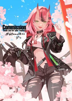 1girl absurdres black_collar black_hair black_jacket black_pants blue_sky breasts cherry_blossoms cleavage collar commentary_request commission crop_top dog_hair_ornament fang food-themed_hair_ornament gara_(qbeuxvii22) green_eyes hair_ornament highres horns indie_virtual_youtuber inuzuka_ichigo inuzuka_ichigo_(oni) jacket jewelry long_hair multicolored_hair navel necklace oni open_clothes open_jacket open_mouth pants petals pink_hair skeb_commission skin-covered_horns sky solo strawberry_hair_ornament torn_clothes torn_pants twitter_username virtual_youtuber