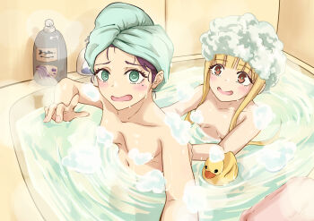 2girls @_@ absurdres blonde_hair breasts cho_kaguya-hime! commentary_request convenient_censoring foam green_eyes highres kaguya_(cho_kaguya-hime!) kuroi_f long_hair medium_breasts mole mole_under_eye multiple_girls navel open_mouth sakayori_iroha same-sex_bathing shared_bathing sidelocks towel towel_on_head variant_set yuri