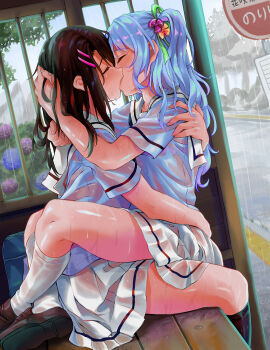 2girls absurdres bag bang_dream! bench black_hair black_socks blue_flower blue_hair blue_shirt bra bra_visible_through_clothes brown_footwear bus_stop bus_stop_sign bush closed_eyes commentary commentary_request day dutch_angle elocca english_commentary face-to-face facing_another fingernails flower from_side girl_on_top green_ribbon hair_between_eyes hair_flower hair_ornament hair_ribbon hairclip hanasakigawa_school_uniform hand_on_another's_back hand_on_another's_head hand_on_another's_shoulder highres hug hydrangea kiss kneehighs leg_lock loafers long_hair matsubara_kanon miniskirt mixed-language_commentary multiple_girls mutual_hug okusawa_misaki one_side_up orange_flower outdoors pleated_skirt profile purple_bra purple_flower rain ribbon road_sign sailor_collar school_bag school_uniform see-through_clothes serafuku shiny_skin shirt shoe_soles shoes short_sleeves sidelocks sign sitting skirt socks straddling tree underwear upright_straddle water_drop wavy_hair wet wet_clothes wet_hair wet_legwear wet_shirt wet_skirt white_legwear white_sailor_collar white_skirt yuri