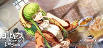 1boy 1girl black_hair c.c. code_geass code_geass:_fukkatsu_no_lelouch code_geass:_lost_stories commentary_request f4samurai food green_hair highres lelouch_vi_britannia long_hair official_art open_mouth purple_eyes yellow_eyes