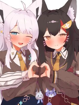 1girl 2girls absurdres animal_ear_fluff animal_ears black_hair black_skirt closed_mouth commentary_request fox_ears fox_girl hair_ornament hairpin heart heart_hair_ornament highres hololive long_hair looking_at_viewer multiple_girls one_eye_closed ookami_mio ookami_mio_(10th_costume) open_mouth red_skirt red_streaks shirakami_fubuki shirakami_fubuki_(11th_costume) sidelocks skirt tepenchi virtual_youtuber white_background white_hair wolf_ears wolf_girl