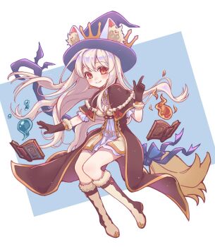 1girl animal_ears arch_mage_(ragnarok_online) blush book boots breasts brown_boots brown_capelet brown_gloves capelet chinese_commentary cleavage closed_mouth commentary_request crown_hat dress fake_animal_ears fire full_body fur-trimmed_boots fur-trimmed_capelet fur-trimmed_gloves fur_trim gloves gold_trim hat highres hydrokinesis index_finger_raised long_hair looking_at_viewer medium_breasts open_book purple_hat pyrokinesis ragnarok_online short_dress smile solo w051 water white_boots white_dress witch_hat