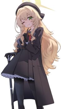 1girl ;) beret black_coat black_hat black_pantyhose black_shirt black_skirt blonde_hair blue_archive bow bowtie breasts buttons cane closed_mouth coat commentary cowboy_shot goback green_eyes halo hat highres holding holding_cane index_finger_raised lapels long_hair long_sleeves looking_at_viewer one_eye_closed open_clothes open_coat pantyhose professor_niyaniya_(blue_archive) red_bow red_bowtie shirt simple_background skirt smile solo standing very_long_hair white_background yellow_halo