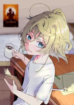 1girl absurdres ahoge alternate_costume bed blanket blonde_hair blue_eyes blurry blurry_background book coffee collarbone commentary_request cup food hair_between_eyes hands_up high_ponytail highres holding holding_book holding_cup huge_ahoge indoors long_hair looking_at_viewer marshmallow open_book open_mouth paper pen pillow ponytail poster_(object) shadow shirt short_sleeves sidelocks solo suimizn t-shirt table tanya_degurechaff upper_body white_shirt youjo_senki