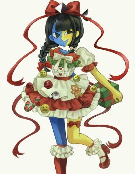 1girl asymmetrical_hair bow braid character_ornament dress ena_(ena) ena_(series) ena_(web_series) frilled_dress frilled_socks frills gingerbread_man hair_bow happy_ena highres kneehighs lolita_fashion low_twin_braids mary_janes mask_(ena) moony_(ena) puffy_short_sleeves puffy_sleeves red_ribbon ribbon shoes short_sleeves single_kneehigh single_sock socks twin_braids usagimarumei