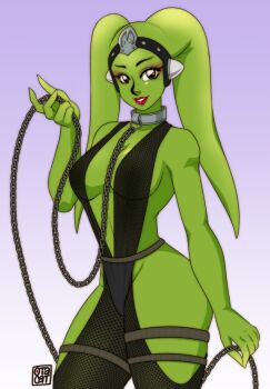 0tacat 1girl alien chain collar colored_skin eyeshadow fishnets green_skin highres leash lipstick makeup metal_collar oola slave star_wars
