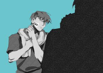 Rule 34 | 1boy, arms up, commentary, head tilt, highres, holding, kim dokja, nemomosso, omniscient reader's viewpoint, shadow, shaving, shaving cream, shirt, short hair, symbol-only commentary, t-shirt, toned, toned male, towel, towel around neck, upper body