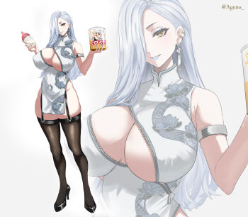 1girl absurdres baby_bottle bare_shoulders black_thighhighs blue_lips blush bottle breasts china_dress chinese_clothes cleavage cleavage_cutout clothing_cutout dress earrings eyeliner fate/grand_order fate_(series) full_body grin hair_over_one_eye high_heels highres jewelry large_breasts long_hair looking_at_viewer makeup mrs._snake_(fate) pelvic_curtain shibao_aoyama smile super_baby_caren thighhighs white_dress white_hair yellow_eyes zoom_layer
