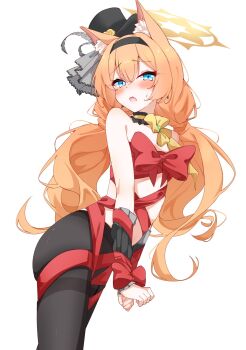 1girl animal_ear_fluff animal_ears black_headband black_pantyhose blue_archive blue_eyes blush bound bound_wrists cat_ears choker commentary_request flower fluffy_hair frilled_choker frills grey_feathers halo hat hat_flower headband highres kabocya_na looking_at_viewer low_twintails mari_(blue_archive) mari_(idol)_(blue_archive) mini_hat mini_top_hat official_alternate_costume orange_hair own_hands_together pantyhose red_ribbon ribbon ribbon_bondage solo sweat top_hat twintails white_background wrist_wrap yellow_flower yellow_halo