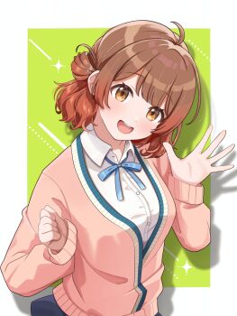 1girl absurdres ahoge blue_ribbon blush border breasts brown_cardigan brown_hair cardigan commentary_request gakuen_idolmaster gradient_hair hanami_ume hand_up hatsuboshi_gakuen_school_uniform highres idolmaster karasu_mame long_sleeves looking_at_viewer medium_breasts multicolored_hair neck_ribbon orange_hair ribbon school_uniform shadow shirt simple_background smile solo teeth upper_body upper_teeth_only white_border white_shirt yellow_background