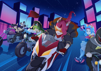 absurdres animal artist_request black_hair blue_hair braid building character_request city copyright_request fingerless_gloves flag floating_hair gloves goggles green_hair helmet highres jacket motor_vehicle motorcycle night one_eye_covered original panda scenery tears