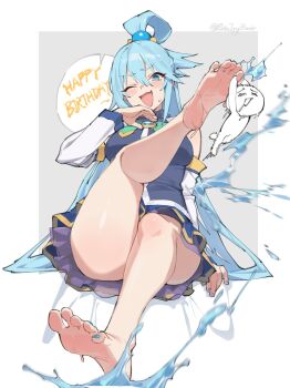 1girl 1other ;d aqua_(konosuba) bare_shoulders barefoot blue_eyes blue_hair blue_nails blue_shirt blue_skirt blush border bow bowtie breasts commentary detached_sleeves english_commentary feet gift_art green_bow green_bowtie hair_between_eyes hair_ornament hair_rings hand_to_own_mouth hand_up happy_birthday highres kono_subarashii_sekai_ni_shukufuku_wo! large_breasts laughing leg_up legs long_hair looking_at_viewer medium_breasts nail_polish no_panties ojou-sama_pose one_eye_closed open_mouth outside_border shirt sin_(sintrybest) single_hair_ring sitting skirt sleeveless sleeveless_shirt smile smug soles solo sphere_hair_ornament sweat thighs toenail_polish toenails toes twitter_username very_long_hair water white_border white_sleeves