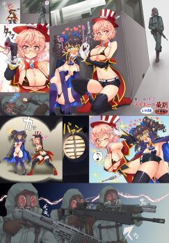 2girls 4boys bikini black_hair black_panties black_shorts black_thighhighs blue_gloves blush breasts cape cleavage covered_erect_nipples drill_hair elbow_gloves gas_mask gloves green_eyes gun hat heart heart-shaped_pupils heart_pasties highres imminent_death keika_(silky_the_phantom_thief) large_breasts looking_at_another mask micro_bikini monocle multiple_boys multiple_girls multiple_views navel open_mouth original outdoors panties pasties pink_eyes pink_hair rifle sai_koro saliva searchlight short_hair shorts silky_(silky_the_phantom_thief) silky_the_phantom_thief smile swimsuit symbol-shaped_pupils thighhighs thong top_hat tranquilizer_dart twin_drills underwear weapon white_gloves yuri