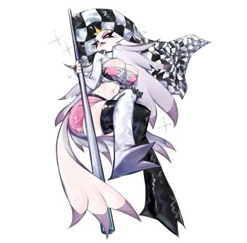 1girl absurdres asymmetrical_legwear beak bird_girl bird_tail bird_wings black_thighhighs breasts cleavage colored_sclera commission corset crop_top cross-laced_clothes crown eyeshadow feathers furry furry_female highres large_breasts long_hair looking_at_viewer makeup pink_eyeshadow pink_sclera race_queen stella_(helluva_boss) tail thick_thighs thighhighs thighs togetoge very_long_hair white_eyes white_feathers white_hair white_thighhighs wide_hips wings zettai_ryouiki