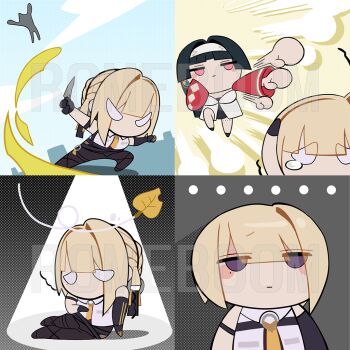 2girls arm_strap astra_yao black_hair blonde_hair chest_harness chibi chibi_only emoji evelyn_chevalier gloves half_gloves harness hitting knife multiple_girls necktie romeboom yellow_necktie zenless_zone_zero