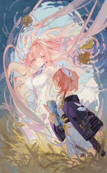 2girls absurdres bare_shoulders book breasts cerron_531 coat cyrene_(aedes_elysiae)_(honkai:_star_rail) cyrene_(honkai:_star_rail) cyrene_(ripples_of_past_reverie)_(honkai:_star_rail) diamond-shaped_pupils diamond_(shape) dress dual_persona earrings flower hair_flower hair_ornament halo highres holding holding_book honkai:_star_rail honkai_(series) jewelry large_breasts long_hair multicolored_hair multiple_girls necklace pink_hair pointy_ears purple_coat purple_eyes short_hair small_breasts smile symbol-shaped_pupils two-tone_hair very_long_hair wheat white_dress white_hair