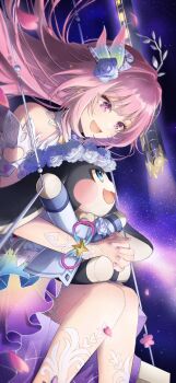 1girl 1other absurdres astral_express_(honkai:_star_rail) bare_shoulders cyrene_(honkai:_star_rail) cyrene_(ripples_of_past_reverie)_(honkai:_star_rail) dress floating_hair flower hair_flower hair_ornament head_wreath highres honkai:_star_rail honkai_(series) long_hair looking_at_another official_art open_mouth own_hands_clasped own_hands_together pink_hair pom-pom_(honkai:_star_rail) purple_eyes sitting smile space very_long_hair white_dress