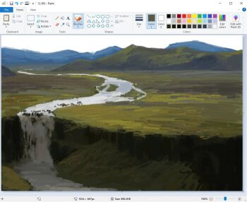 art_program_in_frame christian_young clear_sky cliff commentary day english_commentary landscape microsoft_paint_(medium) microsoft_paint_(software) mountain mountainous_horizon no_humans original outdoors painterly plain river scenery screencap sky water waterfall