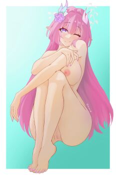1girl ;) absurdres barefoot blue_background border breasts censored commentary cyrene_(honkai:_star_rail) cyrene_(ripples_of_past_reverie)_(honkai:_star_rail) deser99 diamond-shaped_pupils diamond_(shape) feet fetal_position flower hair_flower hair_ornament highres honkai:_star_rail honkai_(series) large_breasts long_hair mosaic_censoring nipples nude one_eye_closed pink_hair pointy_ears purple_eyes pussy smile solo symbol-shaped_pupils toes very_long_hair white_border