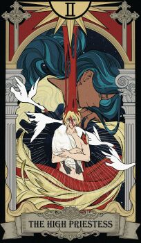 1boy 1girl bindi bird blonde_hair blood blue_eyes card_(medium) char_aznable closed_mouth commentary_request dark-skinned_female dark_skin green_eyes green_hair gundam highres lalah_sune long_hair looking_at_viewer mikazuki121410 mobile_suit_gundam nude pillar swan tarot tarot_(medium)