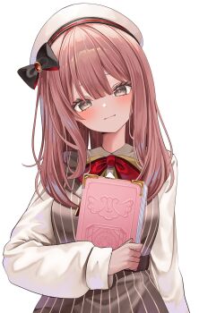 1girl amayui_moka beret black_bow blush book bow brown_hair closed_mouth double-parted_bangs dress grey_eyes hat head_tilt highres holding holding_book long_hair long_sleeves looking_at_viewer ohagetty pink_pupils red_bow ribbed_dress smile upper_body virtual_youtuber vspo! white_background white_hat