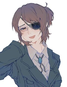 1girl arm_behind_head black_background blue_gem blue_jacket bolo_tie breasts brooch brown_eyes brown_hair commentary_request eyepatch gem glasses grey_shirt half-closed_eyes hange_zoe highres jacket jewelry long_sleeves looking_at_viewer okubatomaeba one_eye_covered open_mouth parted_bangs rectangular_eyewear shingeki_no_kyojin shirt short_hair simple_background small_sweatdrop smile solo swept_bangs upper_body