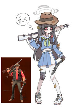 1girl ayo5108 black-framed_eyewear black_hair blue_archive blue_shirt blue_skirt blunt_bangs bolt_action cosplay full_body gun halo highres hime_cut holding holding_gun holding_weapon knee_pads knife kukri leaf leaf_on_head long_hair long_sleeves looking_at_viewer miyu_(blue_archive) mosin-nagant pink_hair red_sniper_(tf2) rifle shirt simple_background single_knee_pad skirt sniper_(tf2) sniper_(tf2)_(cosplay) solo sunglasses team_fortress_2 weapon white_background
