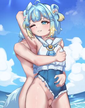 1boy 1girl absurdres belly blue_eyes blue_hair blush blush_stickers cloud cloudy_sky commission erection fish_hair_ornament frills hair_ornament hand_on_another&#039;s_chest highres jahe_png multicolored_hair navel ocean one_eye_closed open_mouth penis penny_puffball pussy re:loop! sex short_hair sky solo swimsuit tail vaginal virtual_youtuber water wink x_hair_ornament