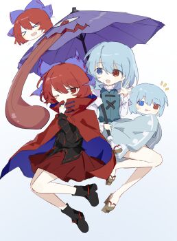 >_< 2girls :d absurdres black_boots black_shirt blue_eyes blue_hair blue_skirt blue_vest blush boots bow capelet commentary english_commentary heterochromia highres holding holding_umbrella karakasa_obake long_sleeves looking_at_another medium_hair multiple_girls no_socks one_eye_closed open_mouth purple_bow purple_umbrella red_capelet red_eyes red_hair red_skirt sandals sekibanki shirt skirt smile tatara_kogasa tongue tongue_out touhou umbrella vest white_shirt wusem0108