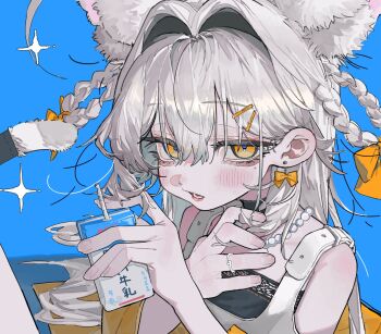 1girl 87yanagi animal_ear_fluff animal_ears bags_under_eyes bare_shoulders bead_necklace beads black_choker blue_background blush bow braid braided_hair_rings character_request choker commentary copyright_request drink_carton drinking_straw earrings hair_behind_ear hair_between_eyes hair_bow hair_intakes hair_ornament hair_rings hand_on_own_chest highres holding jewelry lips looking_at_viewer lower_teeth_only milk milk_carton multicolored_eyes multiple_hair_bows necklace nose_shade open_mouth ring shirt simple_background sitting sleeveless sleeveless_shirt solo tail tail_ornament teeth upper_body white_hair white_shirt yellow_bow yellow_eyes