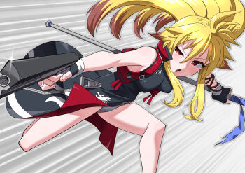 1girl ahoge animal_ears blonde_hair breasts brown_eyes commentary_request dragon_print dress dual_wielding fingerless_gloves fox_ears fox_girl full_body gloves gun handgun highres holding holding_gun holding_weapon long_hair namco_x_capcom open_mouth panties polearm ponytail solo toku_sonchou underwear weapon white_panties xiaomu zipper_pull_tab