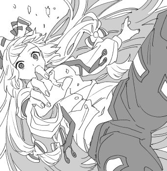 1girl bow breasts commentary_request fujiwara_no_mokou green_bow greyscale hair_bow highres long_hair long_sleeves looking_at_viewer mero_(starfish_jcs) monochrome multiple_hair_bows ofuda ofuda_on_clothes pants shirt solo suspenders touhou very_long_hair