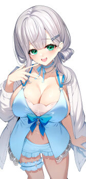 1girl :d babydoll blue_babydoll blue_bow blue_choker blue_shorts bow breasts cardigan chest_bow choker cleavage darjeeling_(reley) frilled_shorts frilled_thigh_strap frills green_eyes grey_hair hair_rings hand_up hashtag-only_commentary highres hololive jewelry large_breasts looking_at_viewer medium_hair mole mole_on_breast navel necklace official_alternate_costume official_alternate_hairstyle open_mouth ribbon_choker shirogane_noel shirogane_noel_(9th_costume) short_shorts shorts simple_background single_hair_ring smile solo teeth thigh_strap upper_teeth_only virtual_youtuber white_cardigan