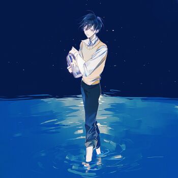 1boy black_hair blue_sky breathing742105 clear_sky commentary english_commentary full_body holding horizon kim_dokja male_focus night oldest_dream omniscient_reader&#039;s_viewpoint ripples shirt short_hair sky solo star_(symbol) vest wading water white_shirt yellow_vest