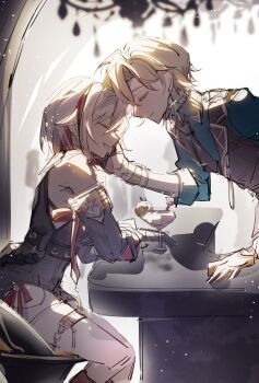 Rule 34 | 1boy, 1girl, :d, aventurine (final victor) (honkai: star rail), aventurine (honkai: star rail), bare shoulders, belt, black belt, black gloves, black necktie, black unitard, blonde hair, blurry, blurry background, chair, closed eyes, closed mouth, clothing cutout, collared shirt, commentary, detached sleeves, earrings, elbow on table, english commentary, glove cutout, gloves, green shirt, hand on another's cheek, hand on another's face, hashtag-only commentary, hetero, highres, honkai: star rail, honkai (series), jewelry, linx2!, multicolored hair, necktie, no jacket, official alternate costume, on chair, open mouth, profile, red hair, shirt, short hair, single earring, sleeveless, smile, streaked hair, table, thigh strap, topaz (honkai: star rail), u u, watch, white hair, wristwatch