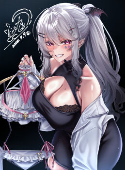 1girl absurdres aoi_hinamori bikini black_background black_dress blush breasts cowboy_shot dated dress grey_hair high_ponytail highres holding holding_swimsuit holding_unworn_clothes indie_virtual_youtuber large_breasts long_hair parted_lips pointy_ears ponytail purple_eyes signature simple_background smile solo swimsuit unworn_bikini unworn_swimsuit virtual_youtuber wanzi_(99wanzi99) white_bikini