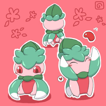 Rule 34 | arms up, blush, blush stickers, closed eyes, commentary request, fomantis, from behind, full body, gen 7 pokemon, horubi non, motion lines, nintendo, no humans, no mouth, outline, pink background, poke bean, pokemon, pokemon (creature), pokemon focus, red eyes, simple background, sitting, white outline