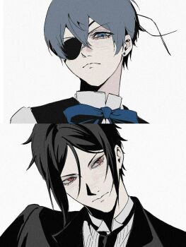 2boys black_hair black_jacket black_necktie black_vest blue_bow blue_eyes bow brown_eyes butler ciel_phantomhive closed_mouth collared_shirt double-parted_bangs earrings eyelashes eyepatch hair_between_eyes hashtag-only_commentary highres jacket jewelry kuroshitsuji lapels looking_to_the_side male_focus multiple_boys necktie one_eye_covered parted_hair piercing sebastian_michaelis shirt stud_earrings suit_jacket szyoko0526 vest white_background white_shirt