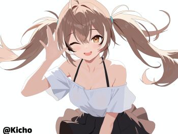 Rule 34 | 1girl, ahoge, black skirt, breasts, brown eyes, brown hair, highres, hololive, hololive english, kicho 006, long hair, medium breasts, nanashi mumei, one eye closed, shirt, skirt, smile, strapless, strapless shirt, twintails, twitter username, virtual youtuber, waving, white background