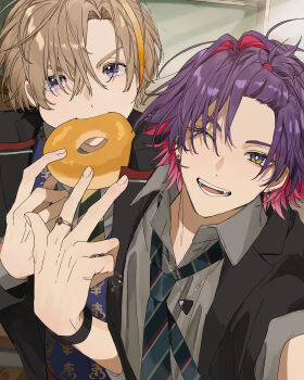 2boys absurdres bangs_pinned_back blonde_hair collared_shirt colored_inner_hair donut fang food food_in_mouth fura_kanato grey_shirt hair_between_eyes hashtag-only_commentary highres jewelry looking_at_viewer male_focus matsuhago multicolored_hair multiple_boys necklace necktie nijisanji one_eye_closed purple_eyes purple_hair ring school_uniform shirt short_hair smile two-tone_hair upper_body v v-shaped_eyebrows virtual_youtuber watarai_hibari yellow_eyes