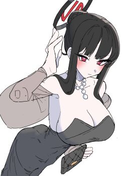 1girl absurdres ass bag bare_shoulders bead_necklace beads black_dress black_hair blue_archive blush breasts cleavage clutch_purse commentary_request dress halo handbag highres holding holding_bag jewelry ji_jyu korean_commentary large_breasts long_hair looking_at_viewer necklace red_eyes ringed_eyes rio_(blue_archive) rio_(dress)_(blue_archive) simple_background solo white_background