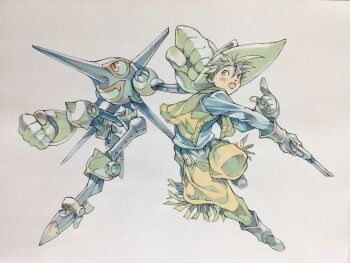 1boy blue_pants blue_shirt boots brown_eyes brown_hair brown_vest chaps commentary cowboy cowboy_hat gloves gun hair_between_eyes handgun hat highres holding holding_gun holding_weapon humanoid_robot looking_to_the_side male_focus missile_kid_(peter_salt) open_clothes open_mouth open_vest original pants peter_salt pointing red_eyes revolver revolver_boy_(peter_salt) robot shirt short_hair smile traditional_media vest weapon western white_background white_boots white_gloves