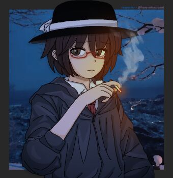 Rule 34 | 1girl, artist name, black coat, black hat, bow, brown eyes, brown hair, cigarette, closed mouth, coat, collared shirt, commentary, cross/respecter, english commentary, hair ribbon, hat, hat bow, holding, holding cigarette, looking to the side, necktie, night, red-framed eyewear, red necktie, ribbon, shirt, short hair, sleeves rolled up, solo, touhou, tree, twitter username, usami renko, white ribbon, white shirt