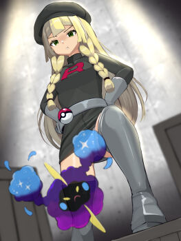 1girl alternate_costume black_hat blonde_hair blurry blurry_background braid commentary_request convenient_censoring cosmog gen_7_pokemon green_eyes hands_on_own_hips hat highres konpotsu legendary_pokemon lillie_(pokemon) long_hair low-tied_long_hair nintendo panties pantyshot pokemon pokemon_(creature) pokemon_sm pout team_rocket team_rocket_uniform twin_braids underwear v-shaped_eyebrows white_panties