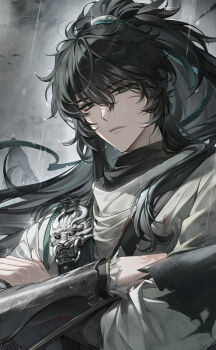 1boy absurdres arm_armor black_hair cloak closed_mouth commentary cropped crossed_arms full_moon grey_eyes hair_between_eyes half-closed_eyes highres long_hair looking_at_viewer male_focus moon qiuyuan_(wuthering_waves) rain solo upper_body white_cloak wind wuthering_waves zani_journey