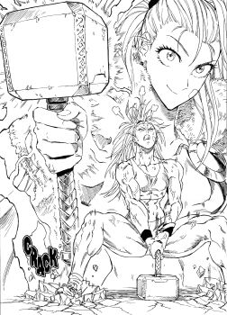 abs absurdres bandage_on_face bandages captain_mizuki closed_eyes crack cracked_floor earrings greyscale hammer highres holding holding_hammer jewelry long_hair looking_at_viewer mjolnir_(marvel) monochrome muscular muscular_female one-punch_man pedrozox2093 ponytail sound_effects struggling sweat tank_top veins veiny_arms veiny_legs